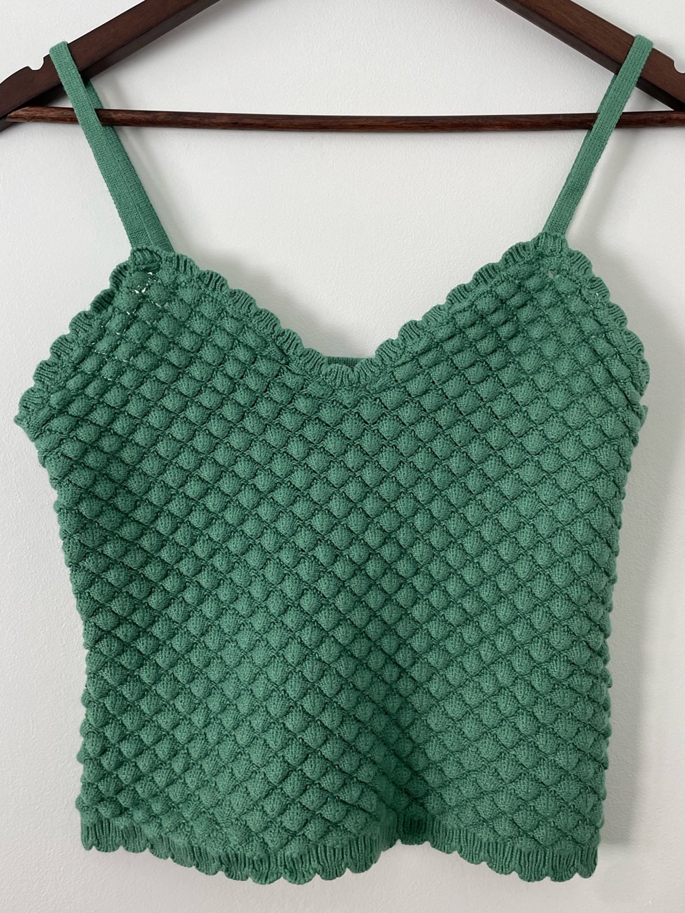 A New Day Womens S Green Textured Knit Tank Top Linen Blend Scalloped Crop